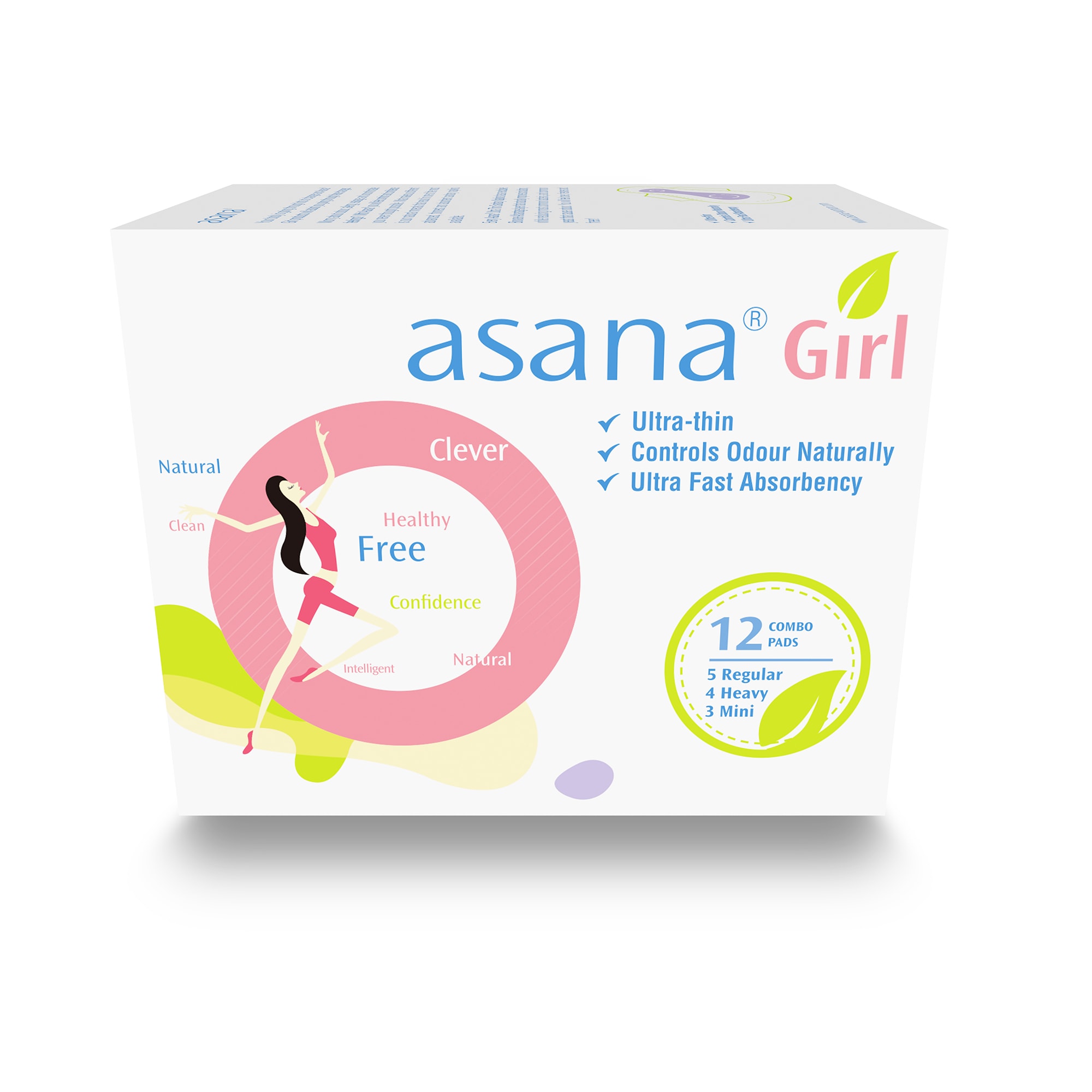asana Girl packaging ultra thin natural pads 12 pack