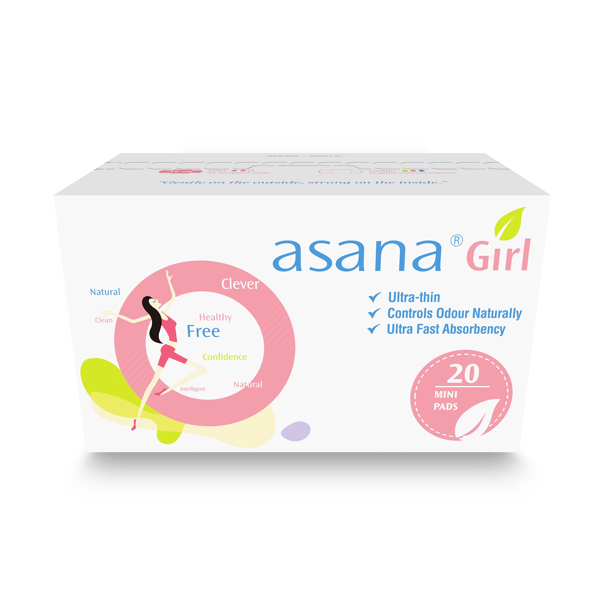asana Girl packaging ultra thin natural pads 20 pack